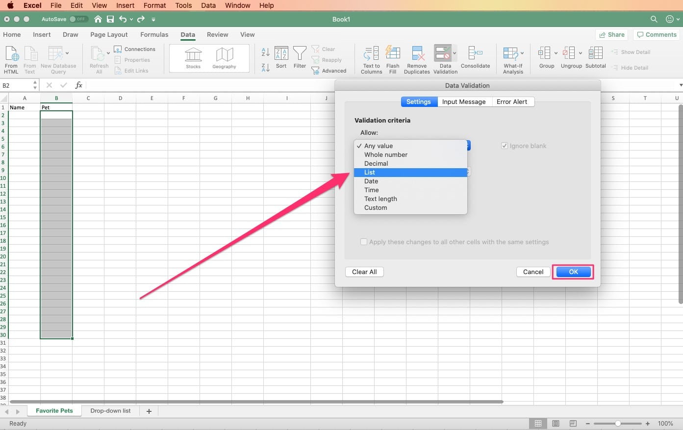 Excel para Mac crear lista desplegable